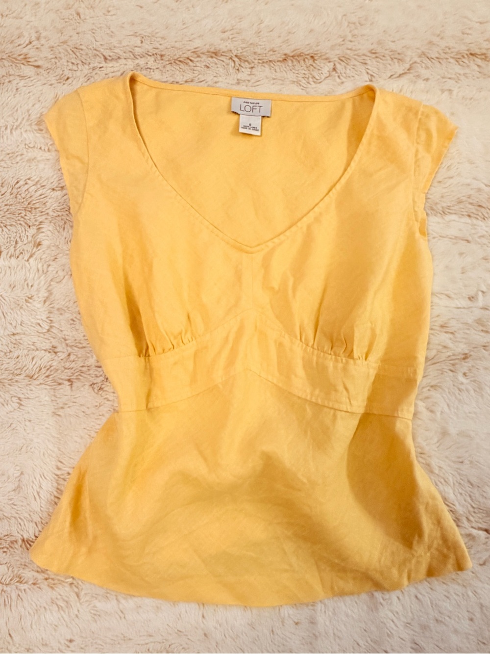 💛 Vintage Y2K 100% Linen Butter Yellow LOFT Ann Taylor Babydoll Cottagecore Top